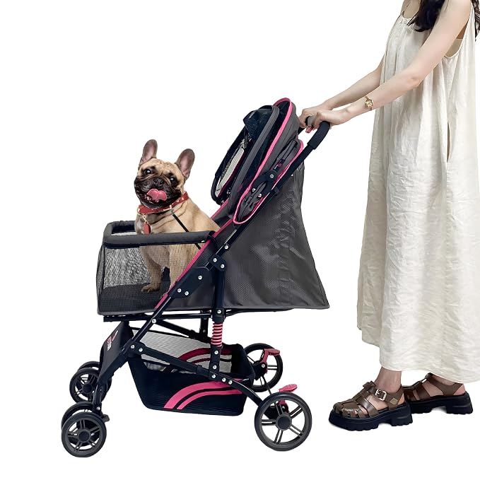 22” Buddy Buggies Foldable Pet Stroller - Shock Absorbing Frame with Storage - Machine Washable Fabric - Durable Mesh & UV Protected Retractable Canopy - Cat & Dog Stroller Up to 30lb