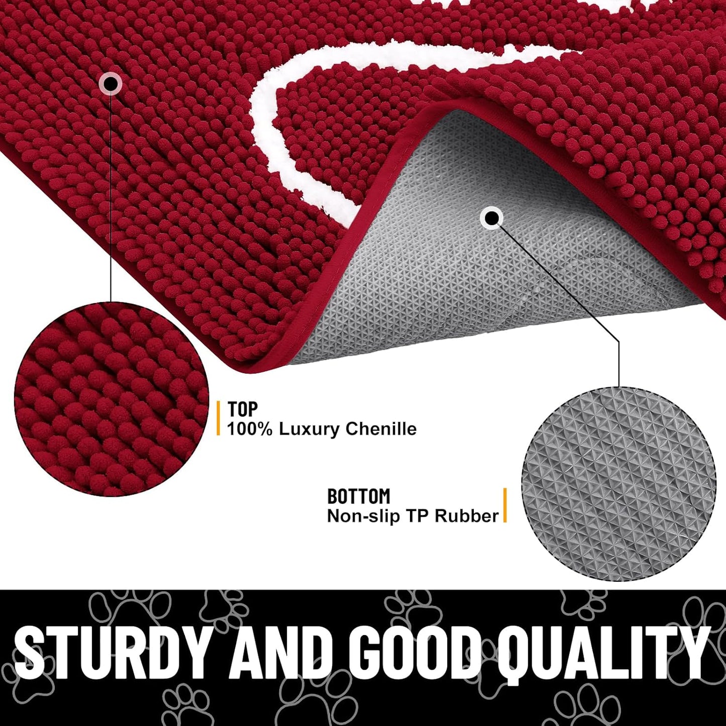 Smiry Dog Door Mat for Muddy Paws, Absorbent Dirt Trapper Non Slip Quick Dry Washable Chenille Mat for Mud Dogs, Entry Rug for Indoor and Outdoor (36x24 Inches, Red)