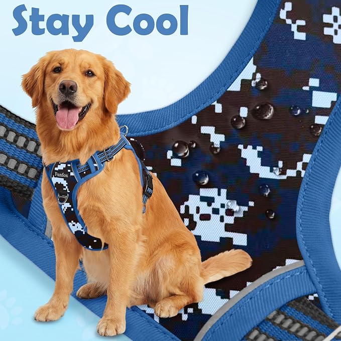 Dog Harness No Pull, Adjustable Pet Vest Harness, Super Soft Material with Vertical Handle Easy Control, Reflective Night Walking, 2 Leash Clips for XLarge Dogs, Mosaic Blue, XL