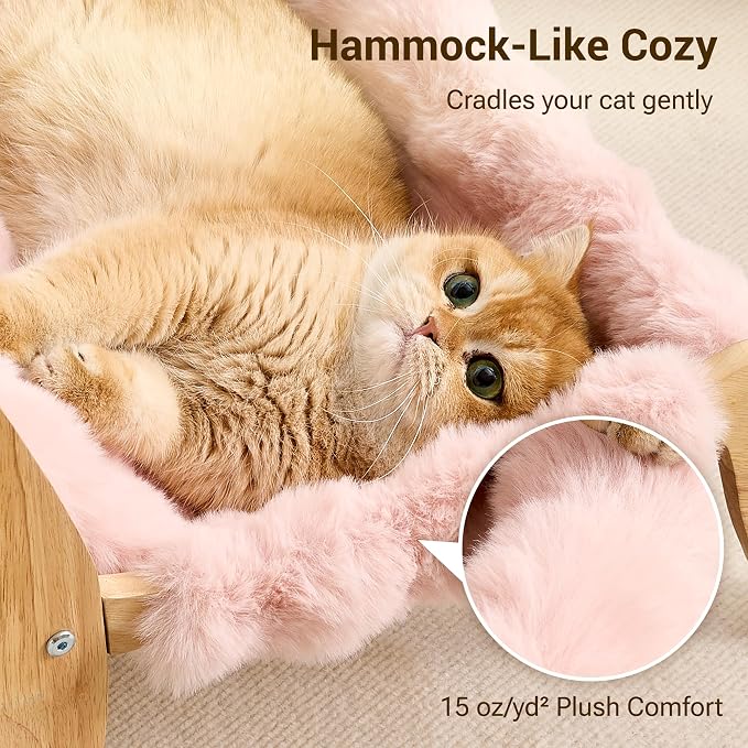 Solid Wood Cat Couch Bed for Indoor Cats, Modern Cat Sofa with Ultra-Soft Plush Surface Washable, Reclined Backrest, Elevated Elevated Cat Lounge Furniture for Small to Adult Pets, Sakura Pink