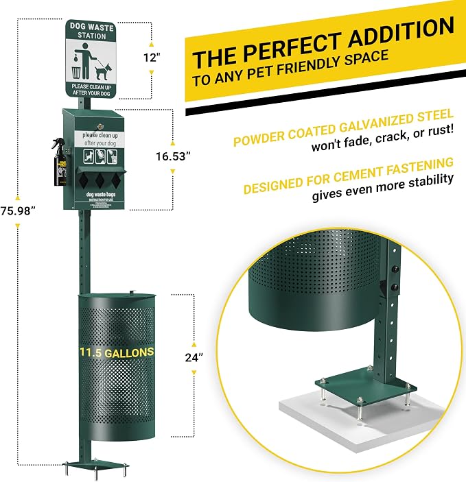 Pet Waste Station - Includes 600 Roll Bags & 50 Can Liners - Original Glow in the Dark Dog Waste Station with Dog Poop Sign, Bag Dispenser, Hand Sanitizer Bottle & Outdoor Trash Can with Lid