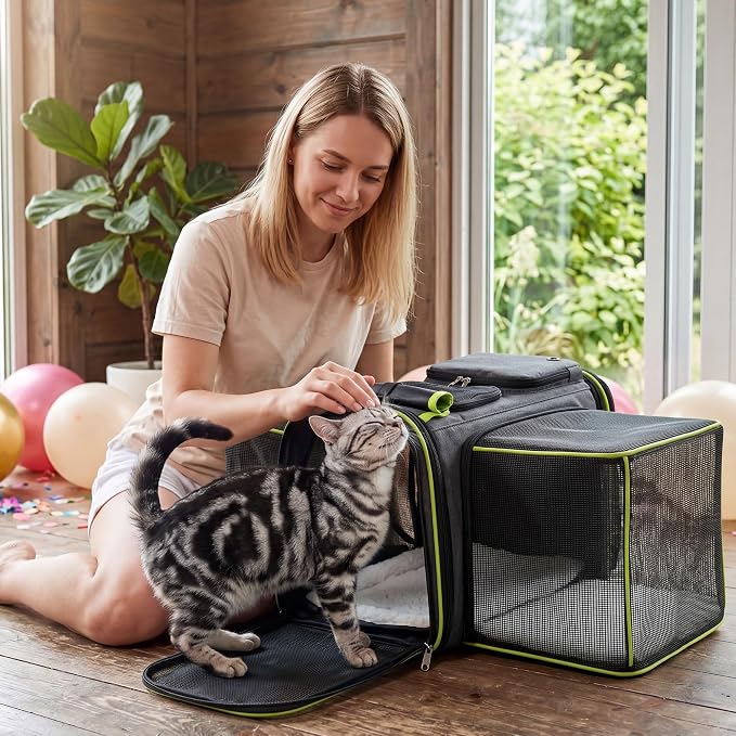 Large Expandable Cat Carrier, Airline Approved with Ventilated Top Side Panels, Durable Chew-Resistant 600D Fabric, for Cats and Small Dogs, Car Airplane Travel, Green