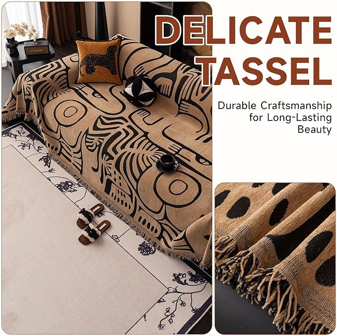 VClife Soft Thick Chenille Couch Cover 1 PC Washable Couch Cover for 2 Cushion Couch Sofa Modern Brown Black Jacquard Sectional Sofa Cover 71"x118"
