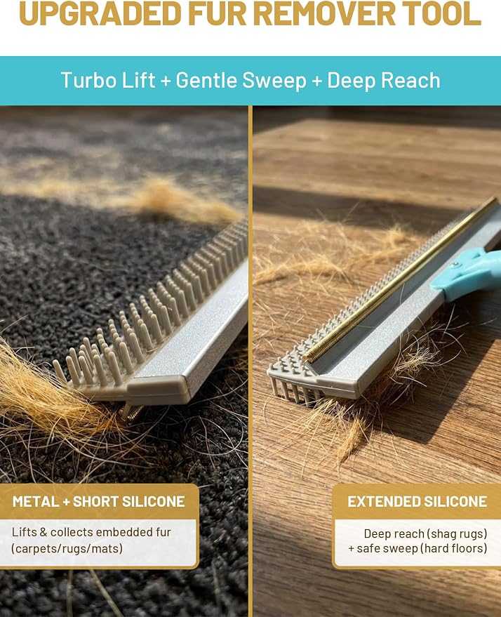 DELOMO Carpet Rake for Pet Hair Removal, Dual-Sided Rug Rake Scraper Broom | 54” Long Handle for No-Bend Cleaning, Metal + Short Silicone for Carpets & Rugs, Extended Silicone for Shag Rugs & Hard Floor