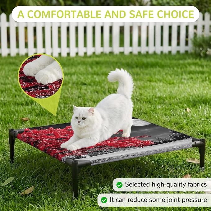 Outdoor Elevated Dog Bed for Small Dogs, Vibrant Red Tree Breathable Cooling Raised Dog Cot for Indoor/Outdoor, Glowing Moon Black Sky Waterproof Elevated Pet Beds, S 20 x 20 in
