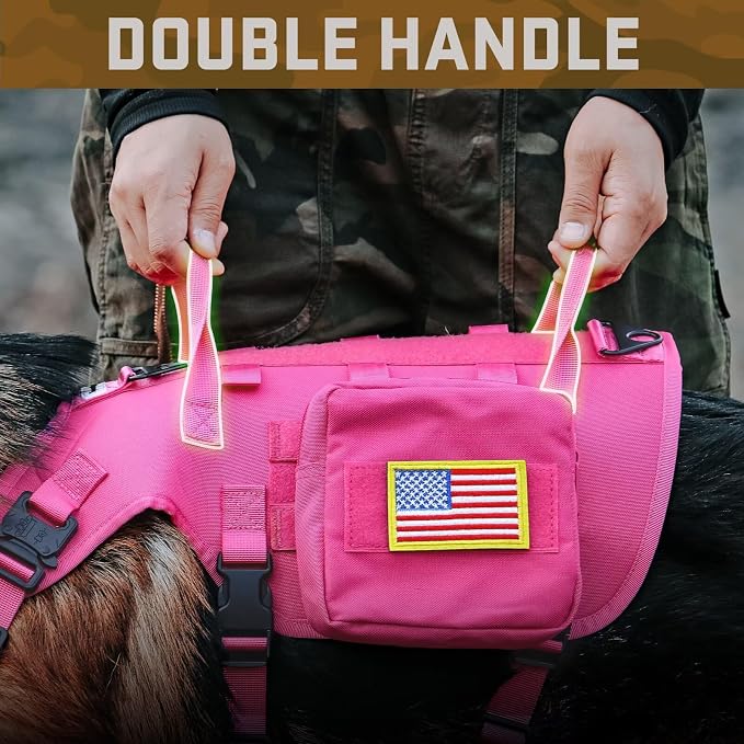 Forestpaw Tactical Dog Harness Collar Bungee Leash Set,M,Hot Pink | Adjustable Fits 22-35" Chest,30-80 lbs,No Pull Control Military Style,Quick Release Buckle,Walking Training for Medium Dogs