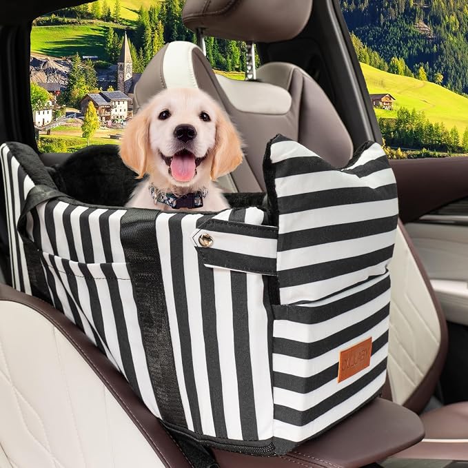 Console Dog Car Seat for Small Dogs to 15lbs (Black& White Stripes) | Center Console Puppy Booster and Portable Travel Bed, Anti-Collapse Design with Washable Fluffy Cushion