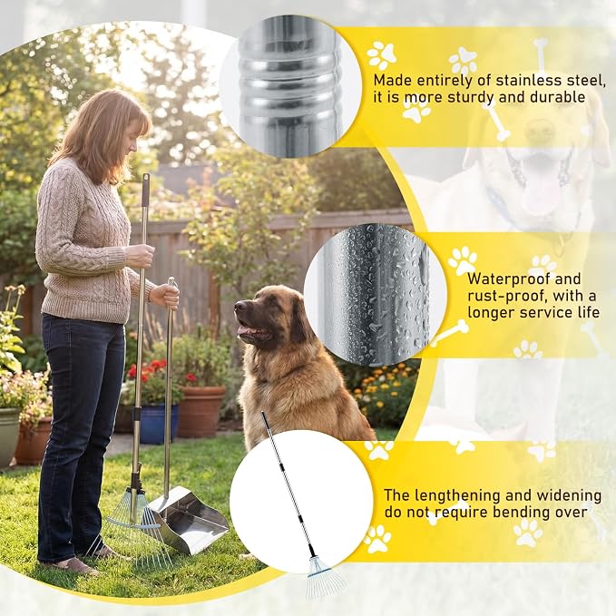 Stainless Steel Dog Pooper Scooper Set, 8.8 Gal Bucket, Long Handle | Includes Rake, Tray and Bucket for Yard Cleanup. Extra-wide Tray and Adjustable Handle Help Clean Large Dog Waste Easily