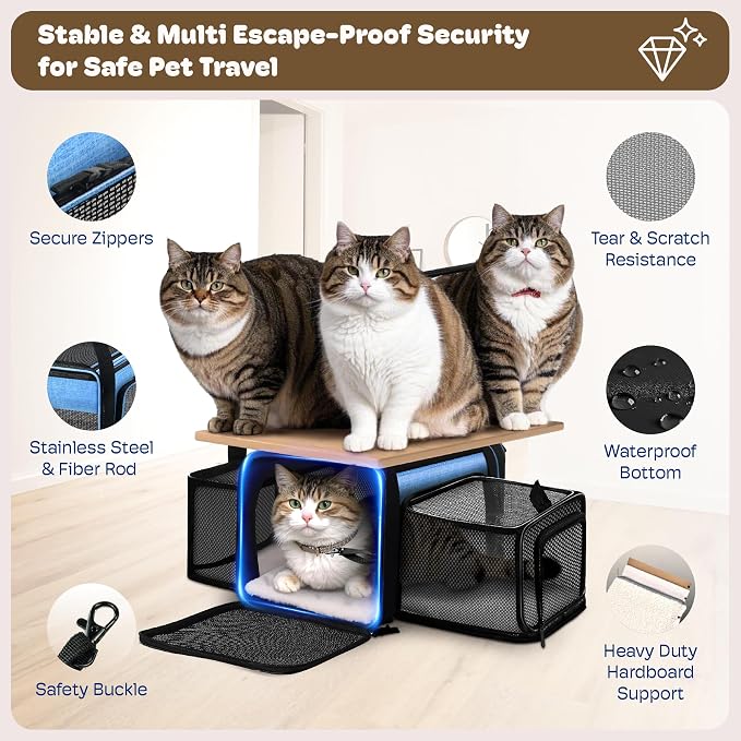 Top and 2 Sides Expandable Pet Carrier 17x11x9.5, TSA Airline Approved Small Dog Carriers for Small Dogs, Soft-Sided Cat Carrier with Self-Locking Zippers for Kitten,Rabbit, Puppy, Guinea Pig Blue
