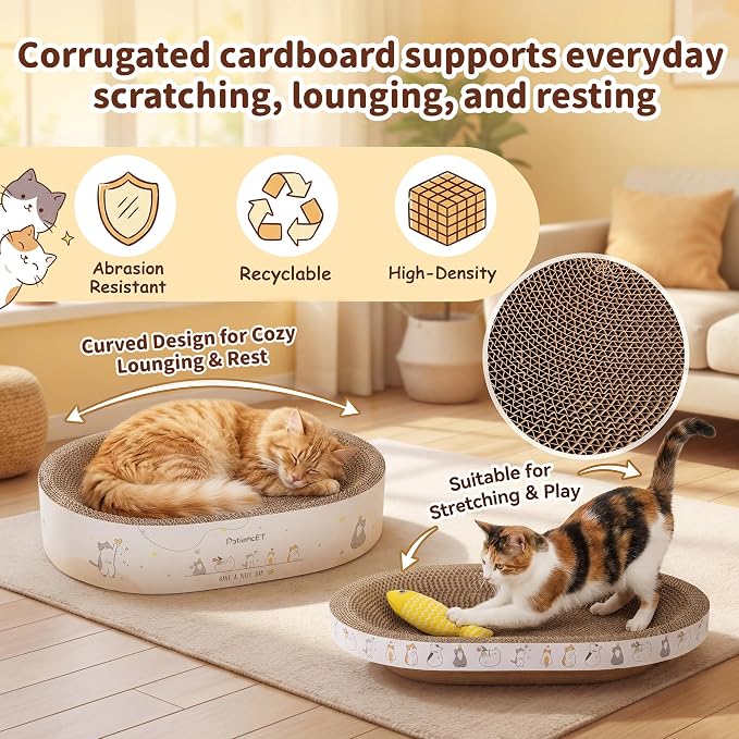 PatiencET 3-in-1 Cat Scratcher Cardboard Set for Indoor Cats | Cat Lounge Box with Wide & Slim Oval Cat Beds, Corrugated Cat Scratching Board for Furniture Protection, Rest & Play