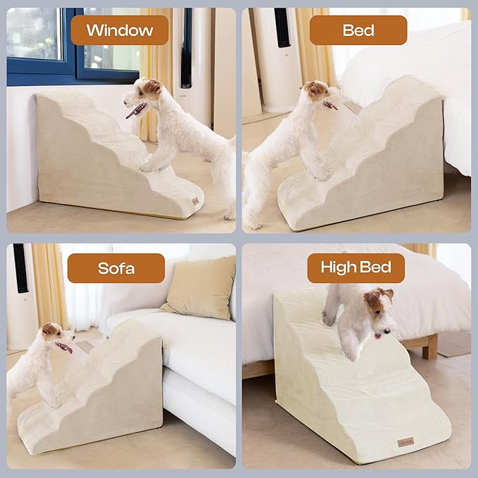 Extra Wide Dog Stairs for Large Dogs Up to 80lbs, 25" Pet Steps for High Bed with Washable Cover, 5-Step Foam Bed & Couch Ladder for Small Medium Dogs & Senior Cat, Beige