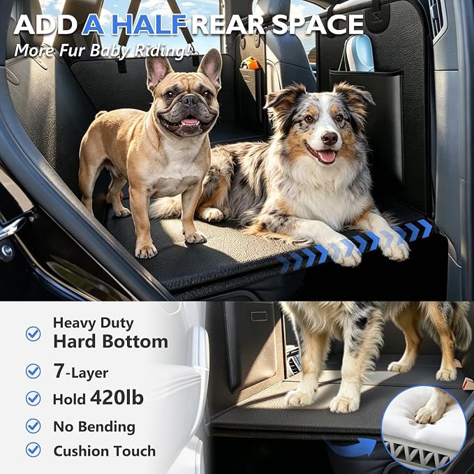 Back Seat Extender for Dogs - Hard Bottom Dog Car Seat Cover for Back Seat, Waterproof Backseat Pet Travel Cover, Anti Scratch Dog Hammock for Car SUV Sedan, Black