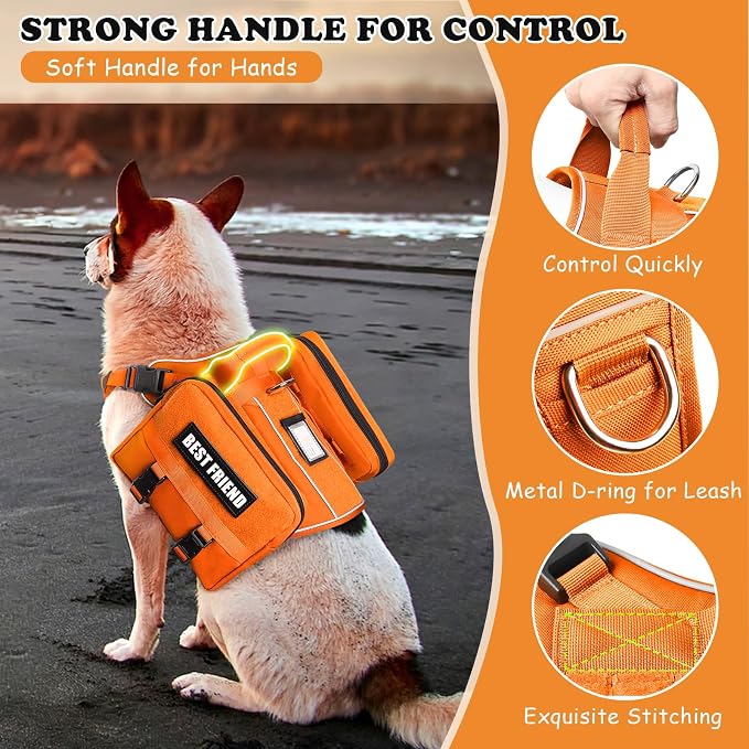 Dog Backpack Harness and Leash Set for Large Dogs Orange L | Removable Side Pockets Dog Vest with Padded Handle&MOLLE,No Pull Front&Back Metal Clips for Hiking Training Walking Hunting