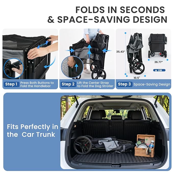 Large Dog Stroller for Medium & Large Dogs up to 350 lbs,Foldable Pet Wagon | Rear Ramp for Senior Dogs,Adjustable Handle,Washable Pad,All Terrain Wheels,Breathable Mesh Doors & Multiple Storage Pockets