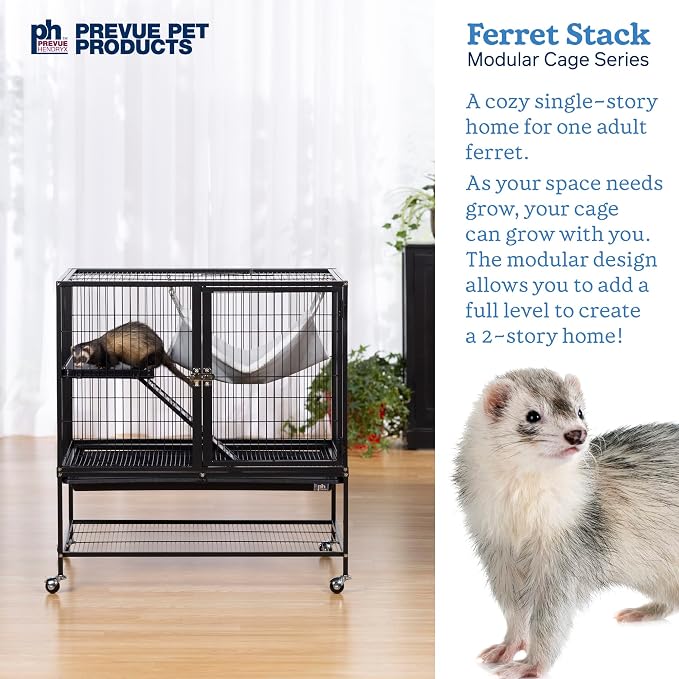 Prevue Pet Products Ferret Stack One Story Ferret Home - Portable Stand, Escape Proof Lock, Includes Hammock & Ramp, Expandable Add-On Cage Stacking System with Wheels - Black