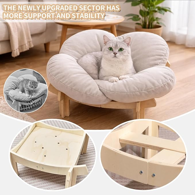 Elevated Wooden Cat Bed with Fluffy Removable Cushion, Modern Petal Shaped Cat Couch Sofa for Indoor Cats Small Dogs 40lbs Capacity Easy to Assemble (White)