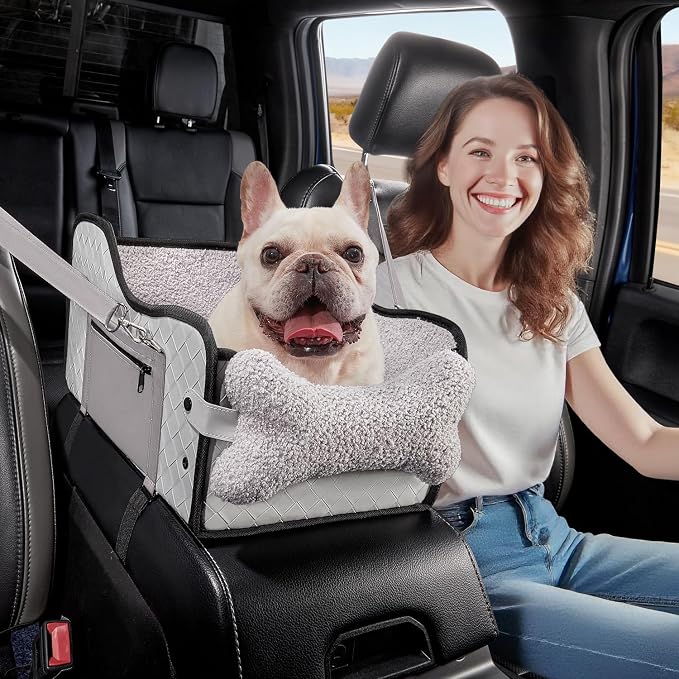 TKYZ Center Console Dog Car Seat for Small Dogs,Fit for Full Size Truck | Soft Pillow,Double fixation,PU Leather Easy To Clean,Pet Booster with Safety Belt,Puppy Car Seat for Small Dogs 0-30 lbs