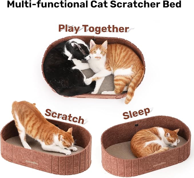 FUKUMARU Cat Scratcher, 24 Inch Sofa Shape Cat Scratching Bed Couch Indoor | Oval Felt Cat Scratcher Bed with Reversible Detachable Cat Scratching Boards, Round Cats Scratch Pads Refill, Caramel