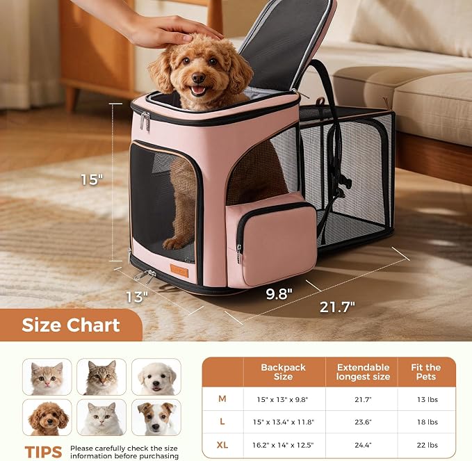 Lekereise Pet Carrier Backpack Expandable Cat Backpack Carrier for Small Dogs Large Cats Puppies, Dog Backpack Carrier for Hiking Travel Outdoor Hold Pets Up to 20 25 Lbs, Pink