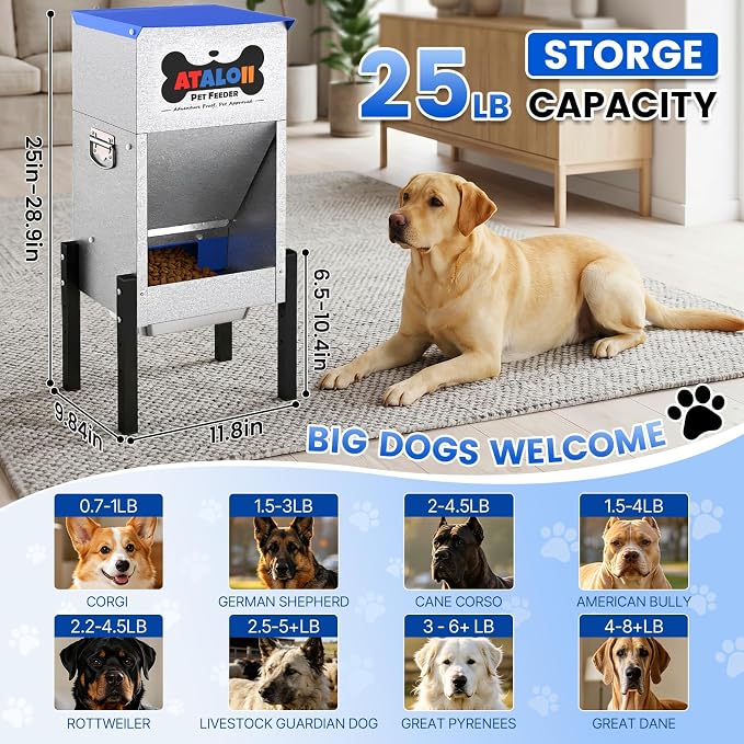 Automatic Dog Feeder 25 lbs — Height-Adjustable with Magnetic Door | Gravity Dog Feeder Dispenser, Large Capacity Self-Feeding Station for Small Medium Large Dogs, Indoor & Outdoor (Blue)
