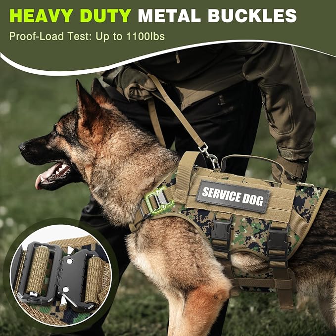 Service Dog Vest Harness for Large Dog, Tactical Working MOLLE Vest with 10 Pet Patches, No Pull Heavy Duty Harness for Training Hunting Walking