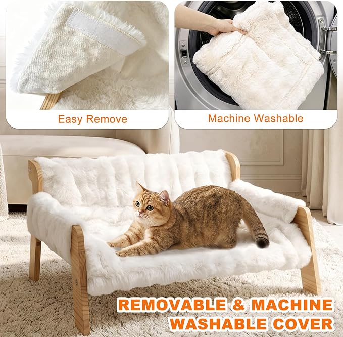 homegroove Elevated Cat Couch Bed, Wood Cat Sofa for Indoor Cats, White﻿ | 27"L x 18"W x 11.8"H, solid wood cat bed with removable washable cushion, available in white and gray, for cats & small dogs