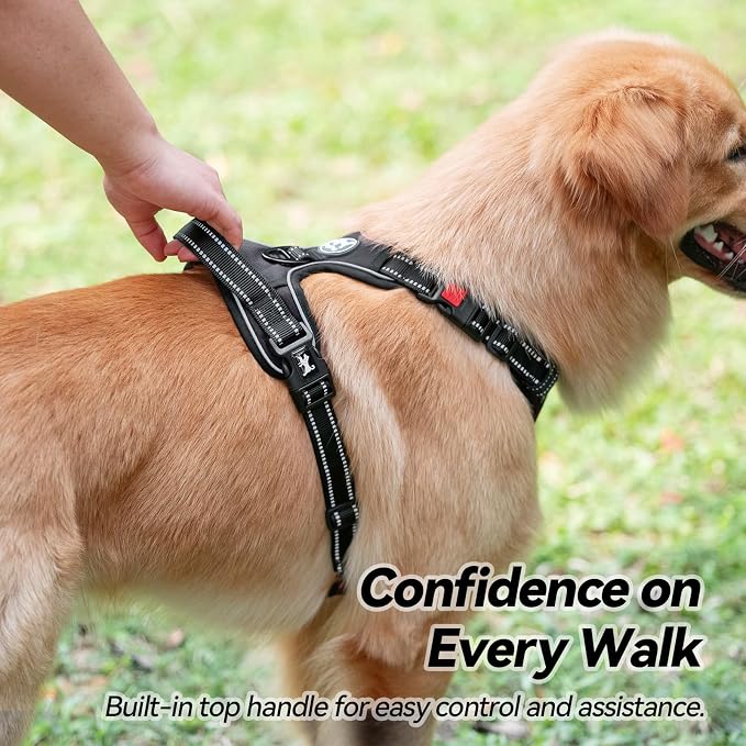 PoyPet No Pull Dog Harness Large with Front Clip & Neck Release Buckle | No Choke, Adjustable Vest, Reflective, Back Clip, Lockable, Soft Padded, Easy Control Handle for Walking Training, XL, Black