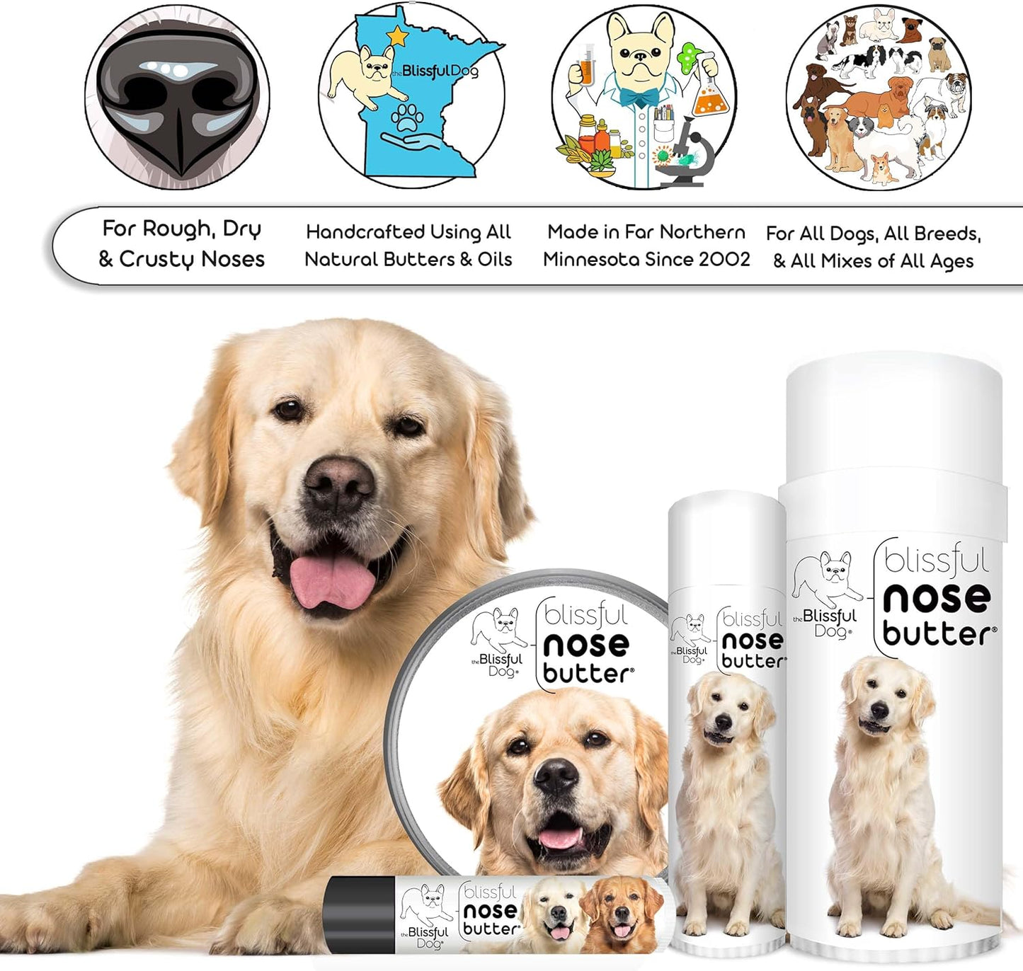 The Blissful Dog Golden Retriever Nose Butter, Versatile Dog Nose Balm for Dry Nose, Handcrafted Nose Moisturizer, Easy-to-Apply Dog Essentials, Unscented, 1 oz.