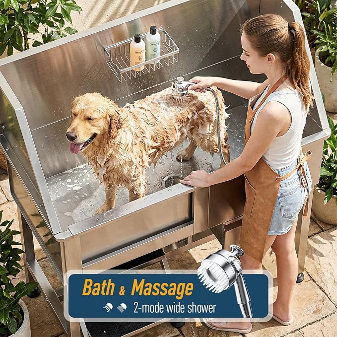46" Dog Washing Station, Leak-Proof 304 Stainless Steel Dog Bathtub with Non-Slip Removable Left Stair & Storage Drawer, Elevated Pet Wash Station for Large Dogs, Indoor & Outdoor Use (Left Stair)