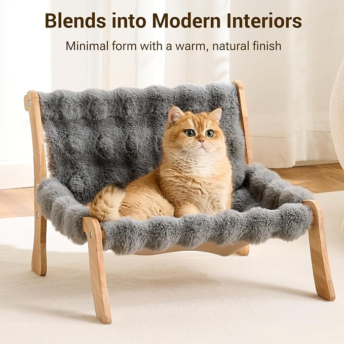 Solid Wood Cat Couch Bed for Indoor Cats, Modern Cat Sofa with Ultra-Soft Plush Surface Washable, Reclined Backrest, Elevated Plush Cat Lounge for Small to Adult Cats, Frost Gray