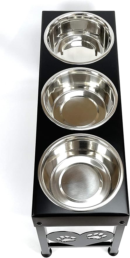 3 Bowl Dog Feeder Pet Feeding Station Triple 3 Quart Metal Dog Bowls 16 Inch Tall Made in USA