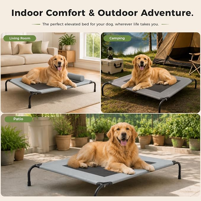 Outdoor Dogs Bed Elevated Dog Bed Large Cooling Raised Pet Cot Grey | Portable Raised Camping Dog Cot , Adjustable Headrest , Breathable Teslin Mesh,Indoor Pet Bed,42"x23.6"x6.3",Washable
