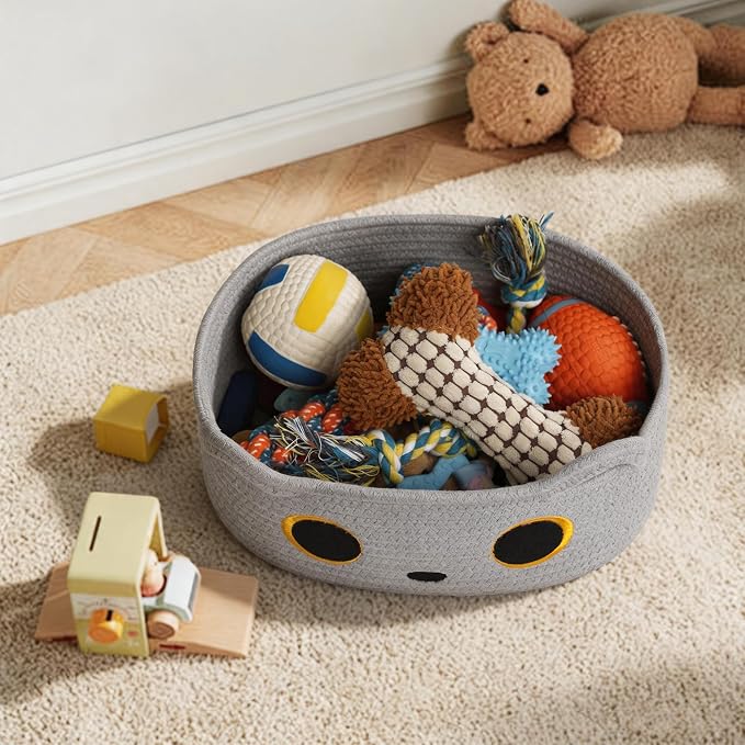 Gray Cat Toy Basket, Small Woven Cat Toy Storage Box with Cute Ears Handle Indoor, Cotton Rope Storage Bin with Embroidered Face for Home Decor, Pet Bed, Nursery Kids Room Organization