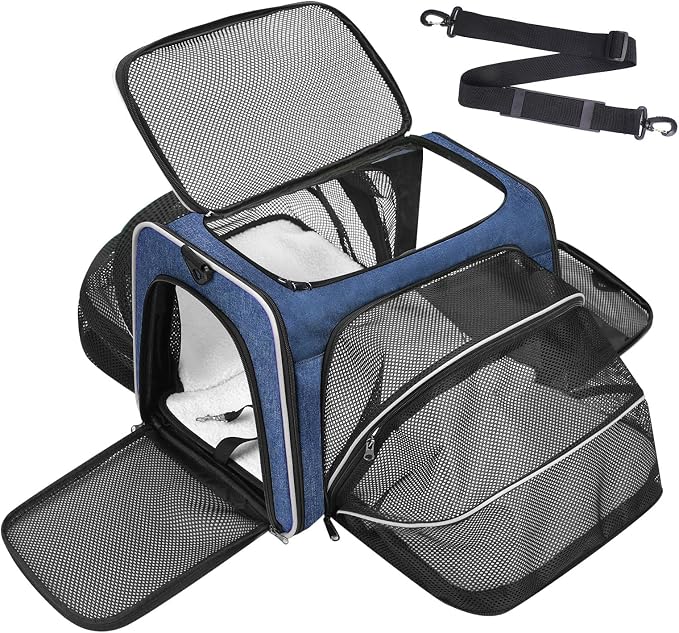 Pet Carrier, Large Soft Sided Expandable Travel Carrier with Steel Frame, Anti-Scratch Mesh, Removable Fleece Pad and Pockets for Cats, Dogs and Small Animals up to 15 lbs (Blue, 5 Sides Expandable)
