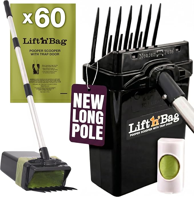 Neater Pet Brands Lift N’ Bag 2.0 Dog Pooper Scooper with Bag Attachment & 31" Pole for Small to Large Dogs, New Longer Pole, 60 Refill Bags, Heavy Duty Dog Poop Scooper for Yard, One-Hand Use
