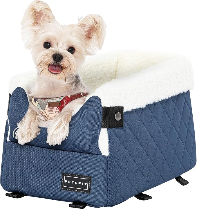 PETSFIT Puppy Car Seat with Washable Cushion, Soft Pillow, Safety Leash | Dual Seat-rail Hooks with Adjustable Straps Help Reduce Shifting, Dog Console Car Seats for Small Dogs Under 8 lbs,Blue