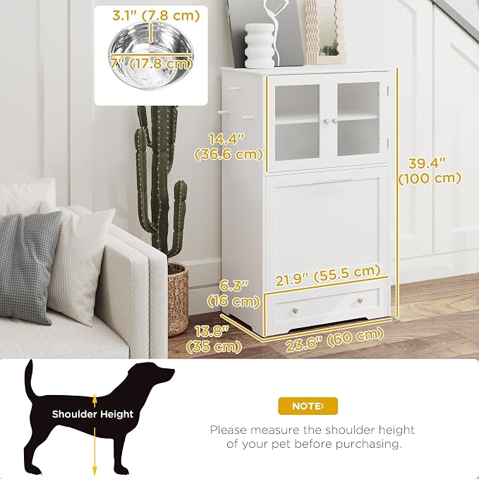 PawHut Dog Feeding Station, 2 Storage Cabinets, Elevated Dog Bowls, White | Side Hooks, Anti-tip Kit, Hidden Pet Feeder Station for Feeding & Watering