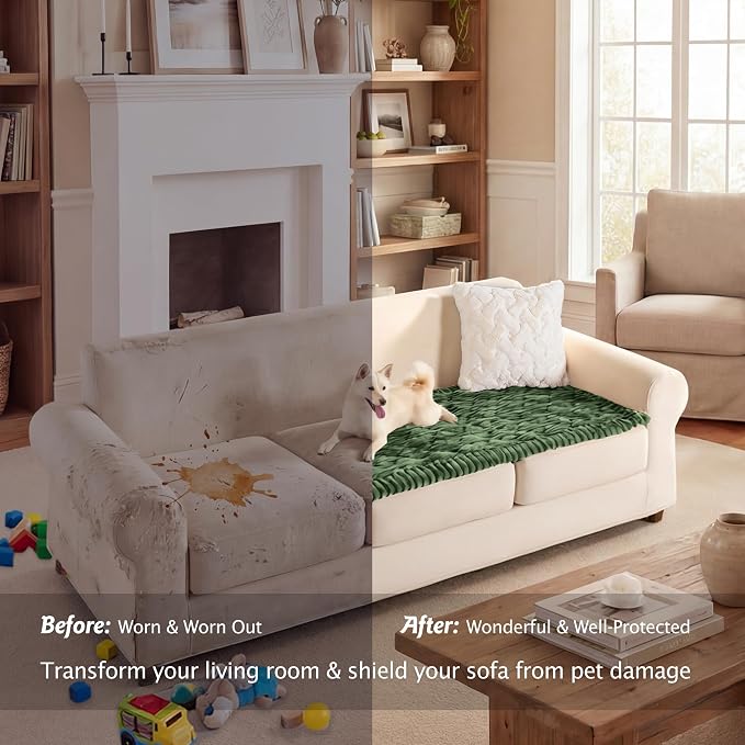 PuTian 100% Waterproof Fuzzy Couch Cover for Dogs Green 27.6"x27.6" | Pet Friendly Dog Mat for Couch, Waterproof Sofa Protector, Scratch Resistant Furniture Cover for Dogs, Machine Washable