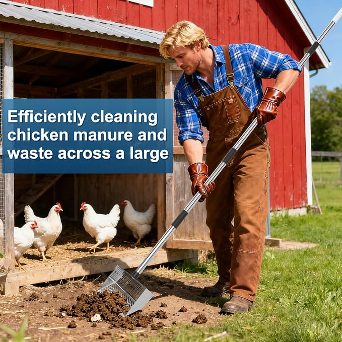 Metal Chicken Coop Scoop,With 31–75" Adjustable Stainless Steel Long Handle | 31–75" Adjustable Long Handle Pooper Scooper, Perfect for Chicken Coops, Duck Houses & Animal Farm Bedding Cleaning (Black)