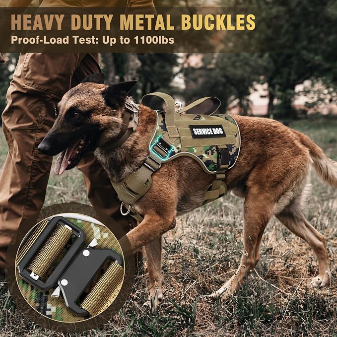 2X Metal Buckle Service Working MOLLE Dog Vest with 10 Pet Patches | Tactical Dog Harness for Large Dog, No-pull Military Working Vest for Training Hunting Walking，2x D Rings for Leash Clip
