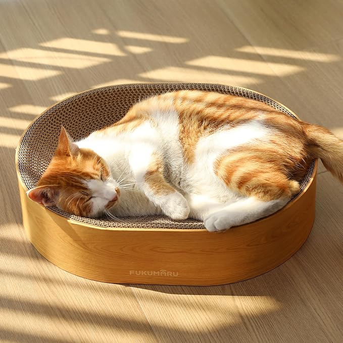 FUKUMARU Cardboard Cat Scratcher Bed, 2-in-1 Oval Cat Scratch Pad | Cats Scratching Board Lounge Bed Indoor, Durable Modern Kitty Scratcher Bowl, Cats Scratch Furniture Protector, Wood Color