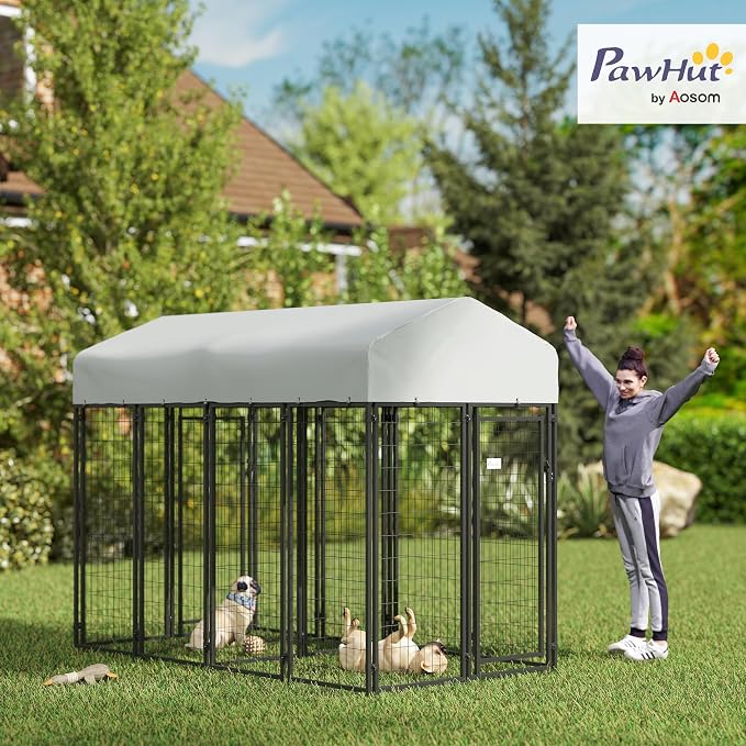 PawHut Outdoor Dog Kennel with 2 Rooms, 8' x 4' x 6' Heavy Duty Welded Wire Dog Playpen Enclosure with Escape-Proof Lock, UV-Resistant & Waterproof Cover, for Large Dogs, Chickens, Ducks, Silver | Heavy Duty Welded Wire Dog Playpen Enclosure, Escape-pr...