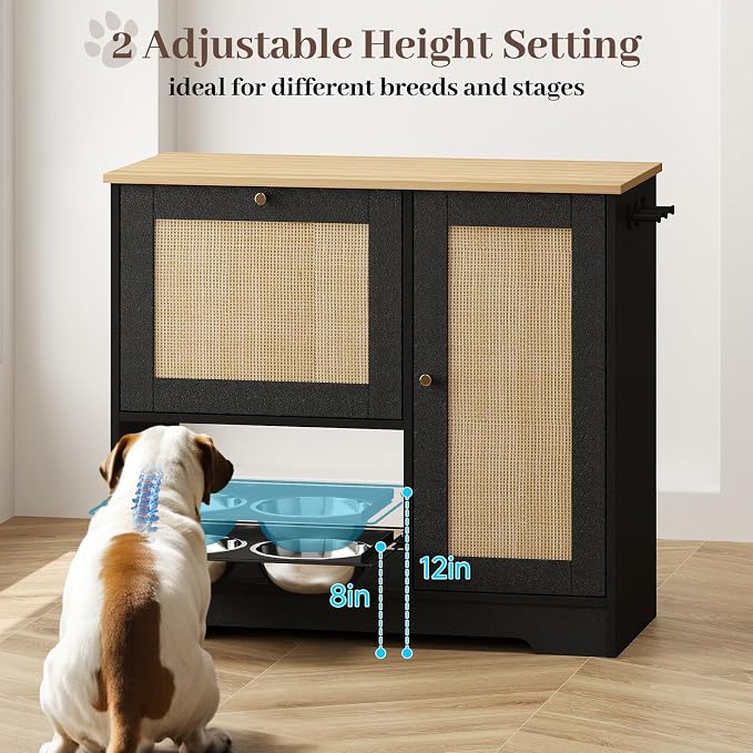Rovibek Dog Food Storage Cabinet with 2 Raised Dog Bowls and Storage | Pet Food Cabinet Feeding Station and Dogs Food Storage Organizer with 3 Hooks for Living Room