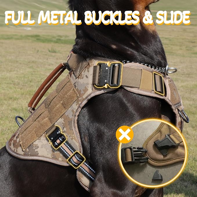 Tactical Dog Harness - HEYCAHVA Service Dog Vest Full Metal Buckles Dog Vest for Medium Large Dog Reflective No Pull Dog Harnesses with Leather Handle, Hook & Loop for Hiking Training (Desert Camo, M)