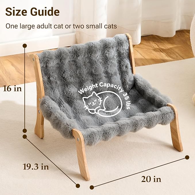 Solid Wood Cat Couch Bed for Indoor Cats, Modern Cat Sofa with Ultra-Soft Plush Surface Washable, Reclined Backrest, Elevated Plush Cat Lounge for Small to Adult Cats, Frost Gray