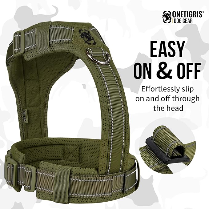 OneTigris Soft Padding No Pull Dog Vest Harness for Medium and Large Dogs | High-tensile Nylon, Adjustable, Reflective, 1 Handle, 3 D-rings, Lightweight, Tough, Easy on/off Tactical Dog Harness