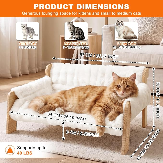 homegroove Elevated Cat Couch Bed, Wood Cat Sofa for Indoor Cats, White﻿ | 27"L x 18"W x 11.8"H, solid wood cat bed with removable washable cushion, available in white and gray, for cats & small dogs