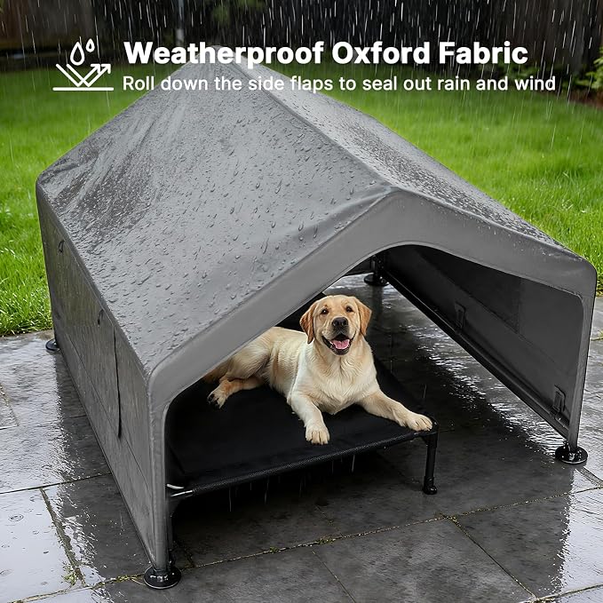 Veehoo Extra Large Dog House Outdoor Includes Elevated Dog Bed-Weatherproof | Waterproof Outside Dog Tent 4.1' x 4.1' x 3.3', Dog Shade Shelter and Raised Bed Combo for Pets or Stray Animals, Grey