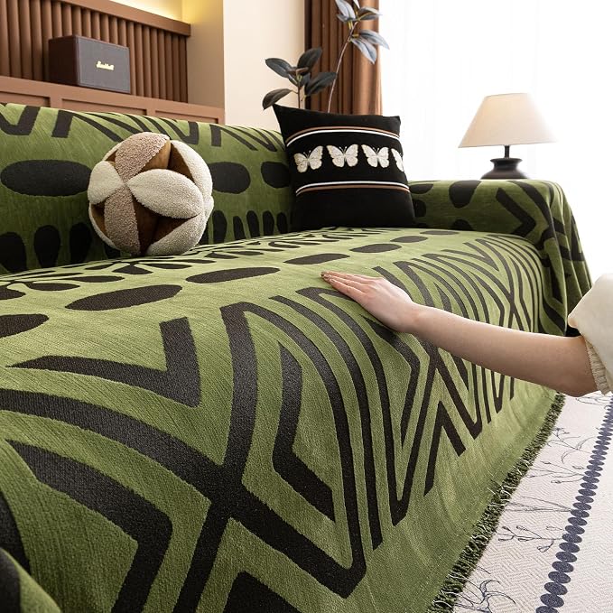 VClife Bohemian Green and Black Couch Cover Western Aztec Sofa Cover for 2 Cushion Couch Sofa Washable Chenille Sofa Slipcover Boho Non Slip Geometric Couch Covers for Sectional Sofa 71''x118''