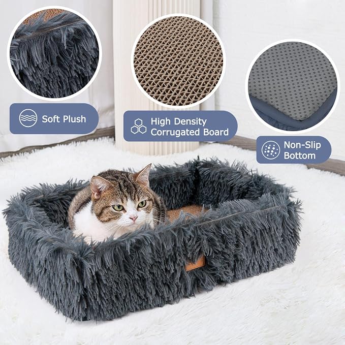 Cat Lounge Scratcher Box with Removable Cardboard (Dark Grey) | High-density Corrugated Cardboard with Double-sided Use, Soft Long Plush, Release Stress and Protect Furniture